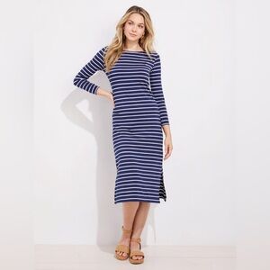 Vineyard Vines Sankaty Blue and White Striped 3/4 Sleeve Midi Dress